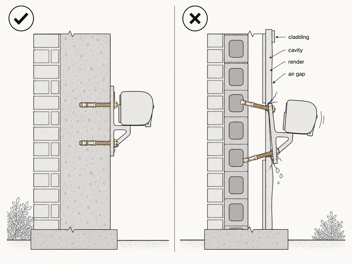 Diagram comparing a bracket anchored correctly into solid masonry against one pulling out of a cavity wall fitted with the wrong anchor