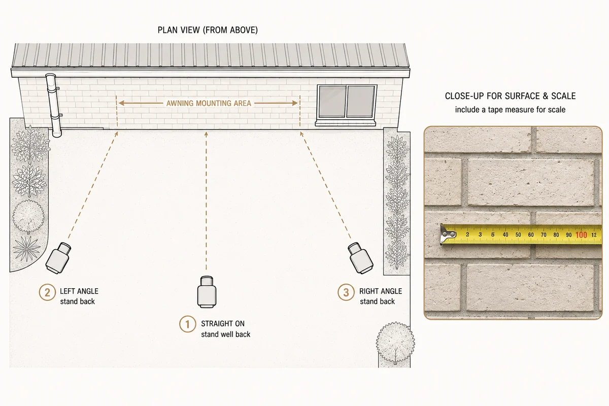 Diagram showing the three photographs to send: a straight-on view of the wall, an angled view, and a close-up of the mounting area