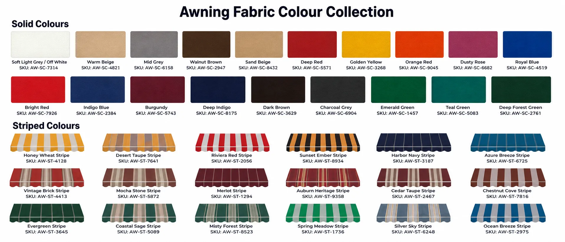 ASG Shading Spanish Sauleda awning fabric collection - 19 solid colours plus 18 stripes including off-white, warm beige, mid grey, walnut brown, deep red, burgundy, indigo blue, charcoal grey, emerald green, teal green, and various heritage stripes