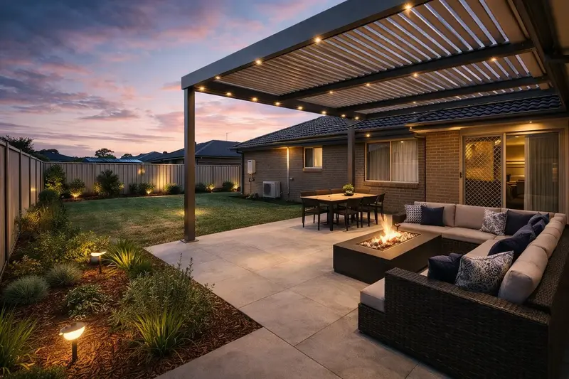 Completed louvered pergola with outdoor lounge and fire pit at sunset
