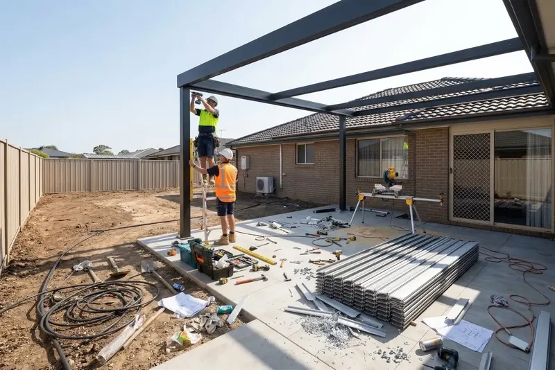 Pergola construction in progress - aluminium frame being assembled