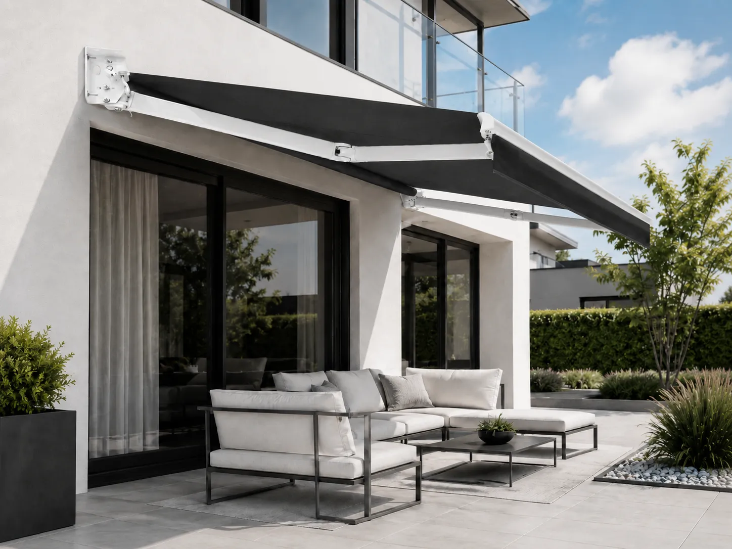 Installed awning in charcoal grey